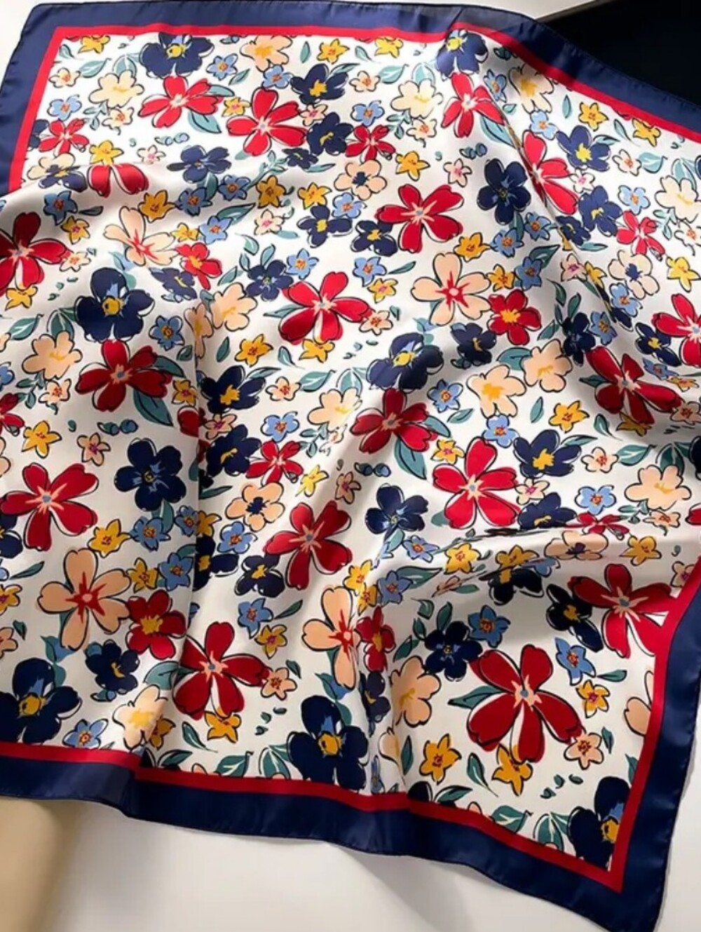Silk-feel Floral Navy Red Square Scarf Head Scarf , Neck Scarf - Picture 2 of 3
